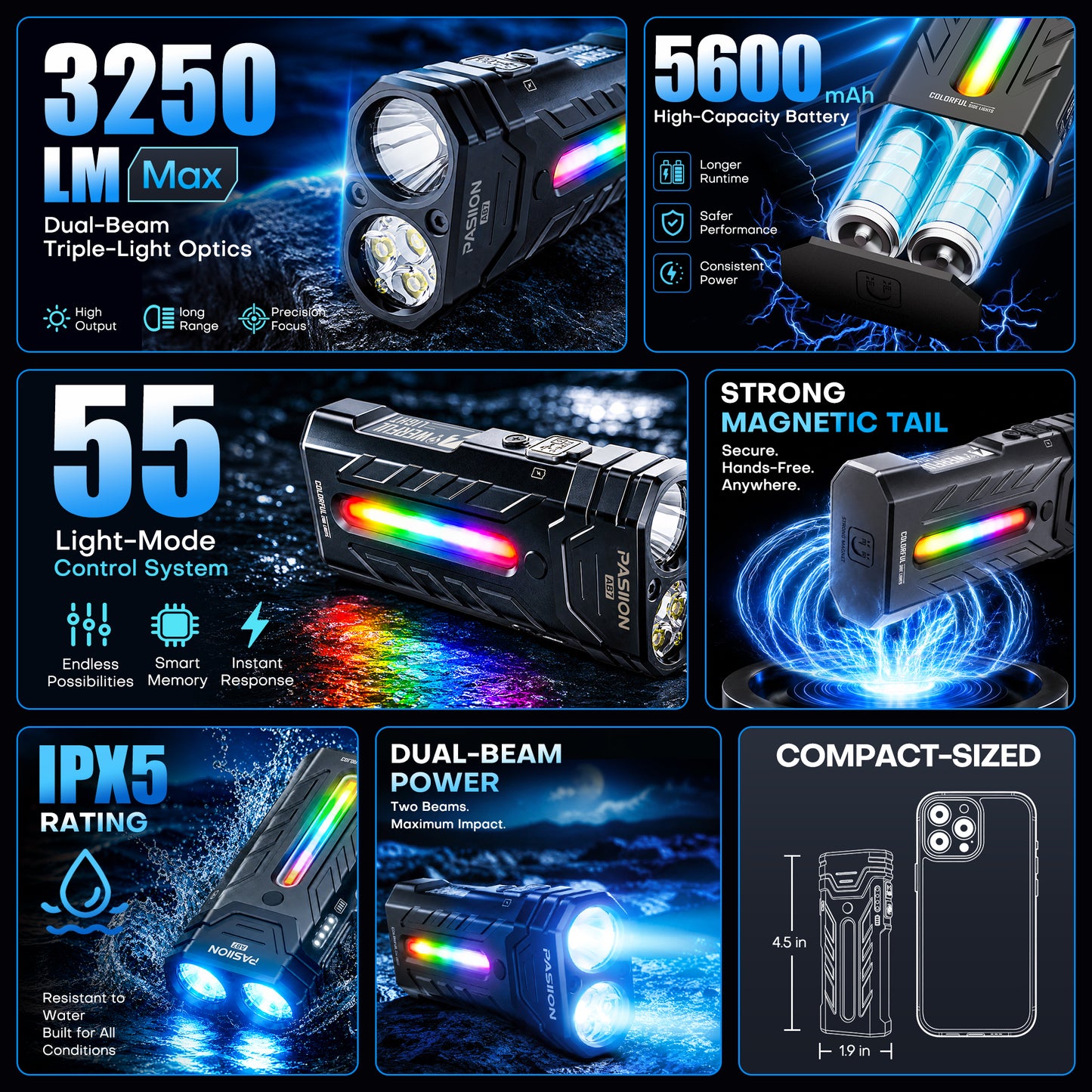 3250 Lumen Rechargeable Flat EDC Flashlight with Spotlight, Floodlight & RGB Light