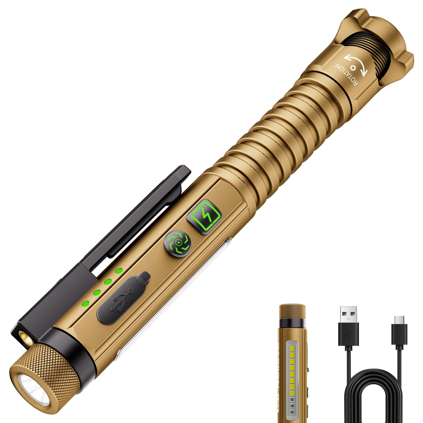 Rechargeable EDC Flashlight with Red Pointer, Side Light, Magnetic Clip & Base