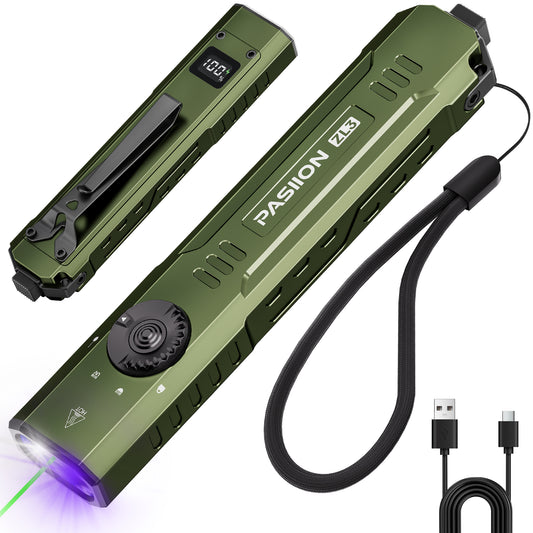 1500 Lumen Rechargeable EDC Flashlight with UV Light, Green Laser & Digital Display