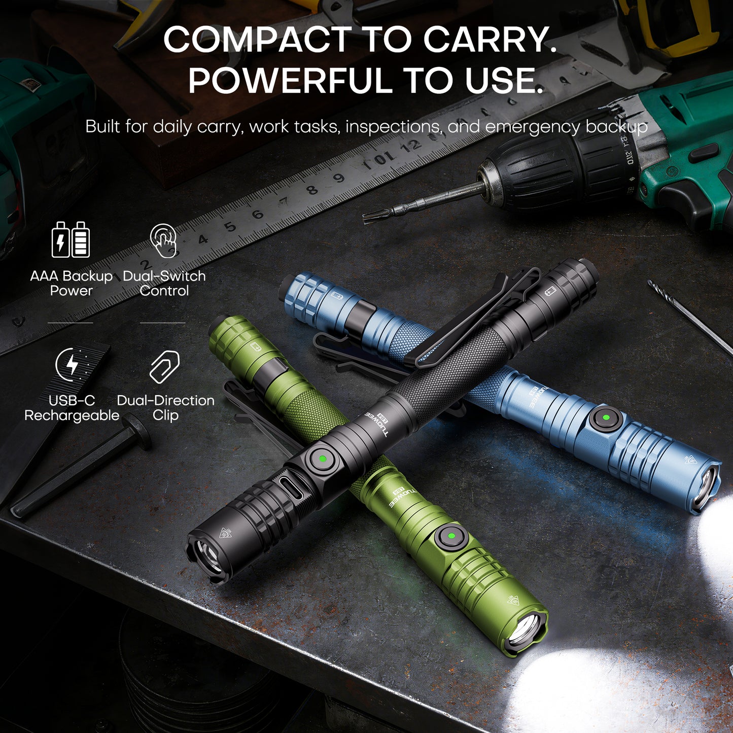 TUOWEE 1500LM Rechargeable Pen Flashlight – Dual Switch