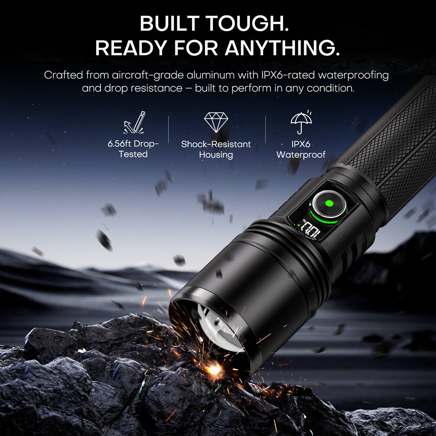 High-Lumen Rechargeable Zoomable LED Flashlight with LCD Display & Dual Power Options
