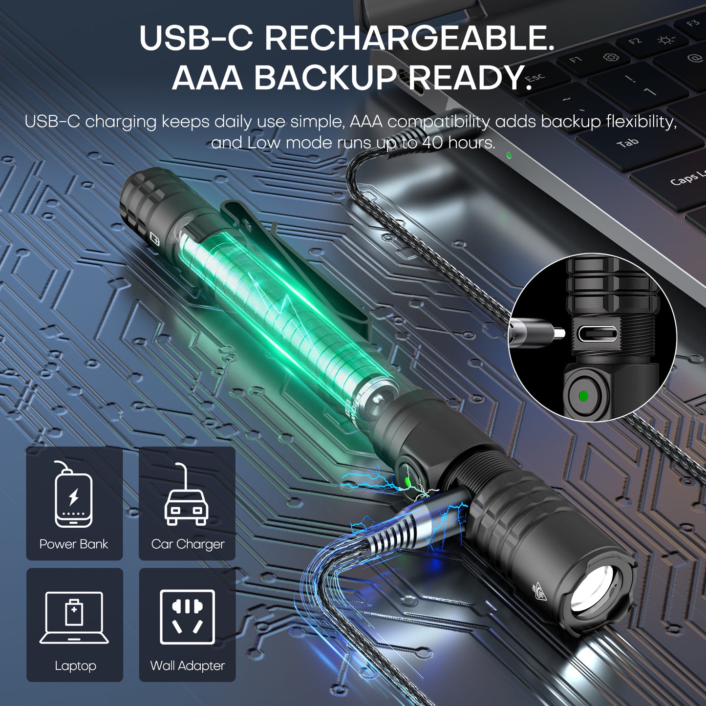 TUOWEE 1500LM Rechargeable Pen Flashlight – Dual Switch