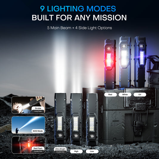 Rechargeable Flat EDC Flashlight with Digital Display, Side Light & Dual Switch Control