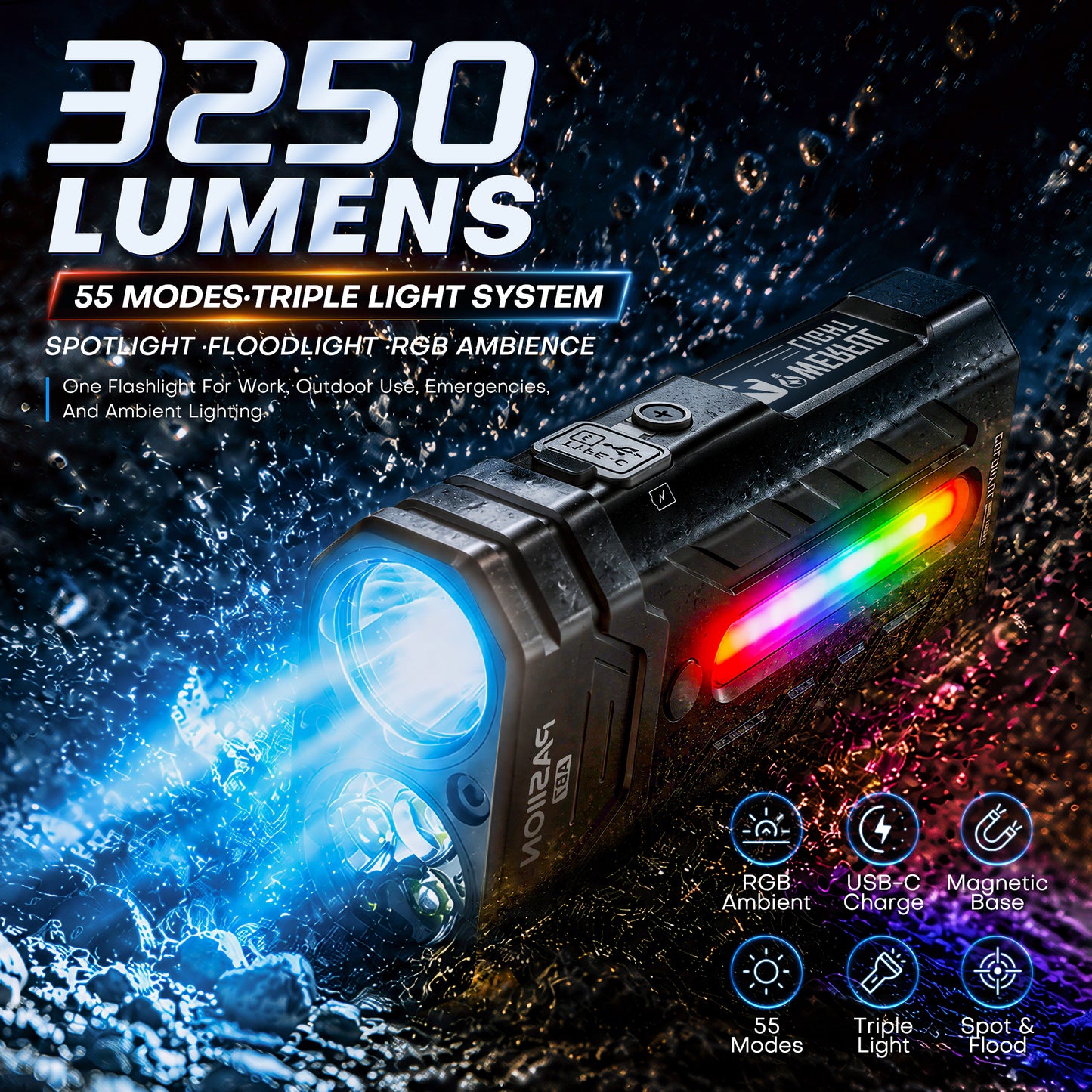 3250 Lumen Rechargeable Flat EDC Flashlight with Spotlight, Floodlight & RGB Light