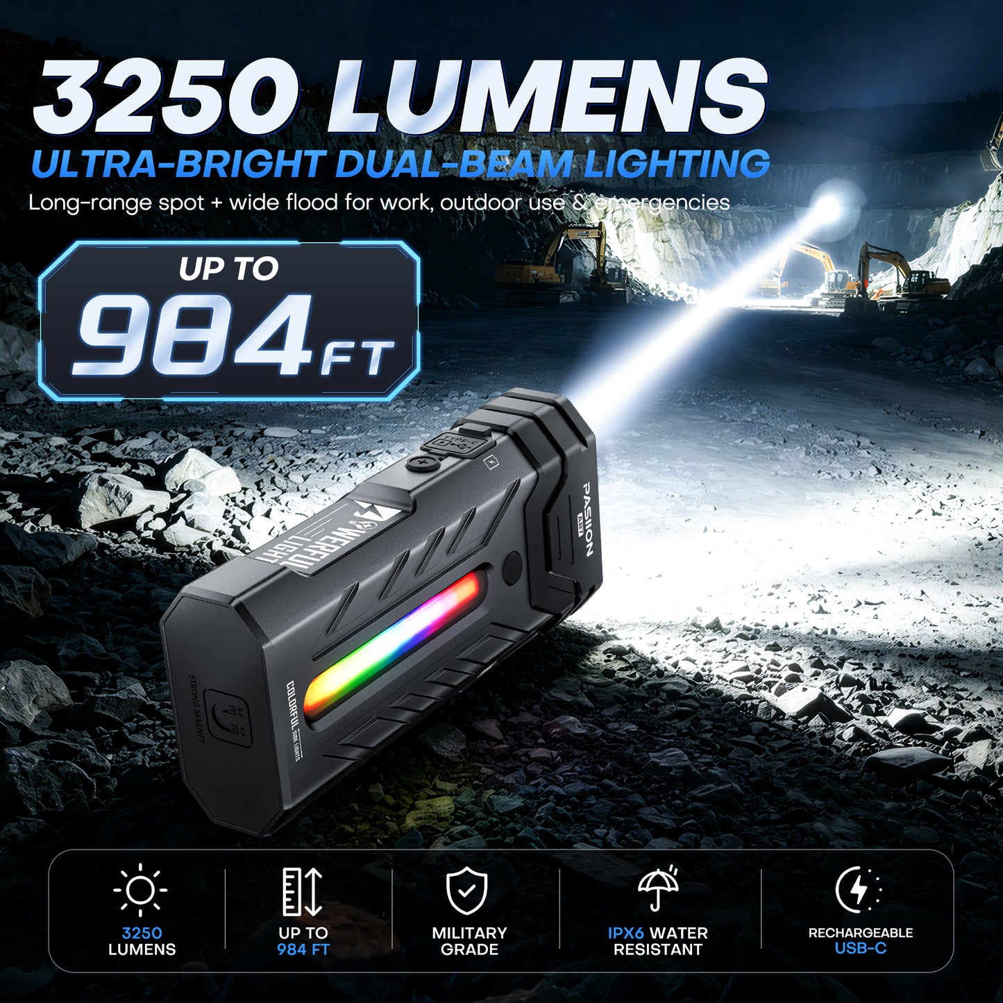3250 Lumen Rechargeable Flat EDC Flashlight with Spotlight, Floodlight & RGB Light