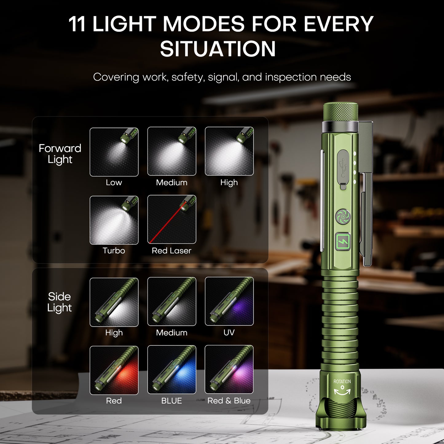 Rechargeable EDC Flashlight with Red Pointer, Side Light, Magnetic Clip & Base
