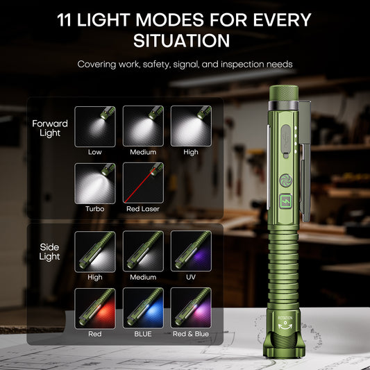 Rechargeable EDC Flashlight with Red Pointer, Side Light, Magnetic Clip & Base