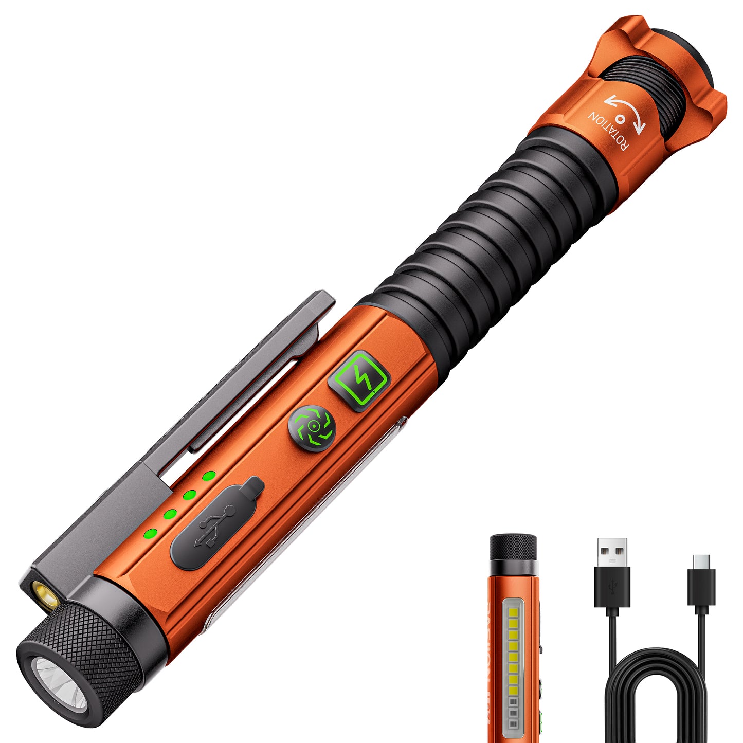 Rechargeable EDC Flashlight with Red Pointer, Side Light, Magnetic Clip & Base