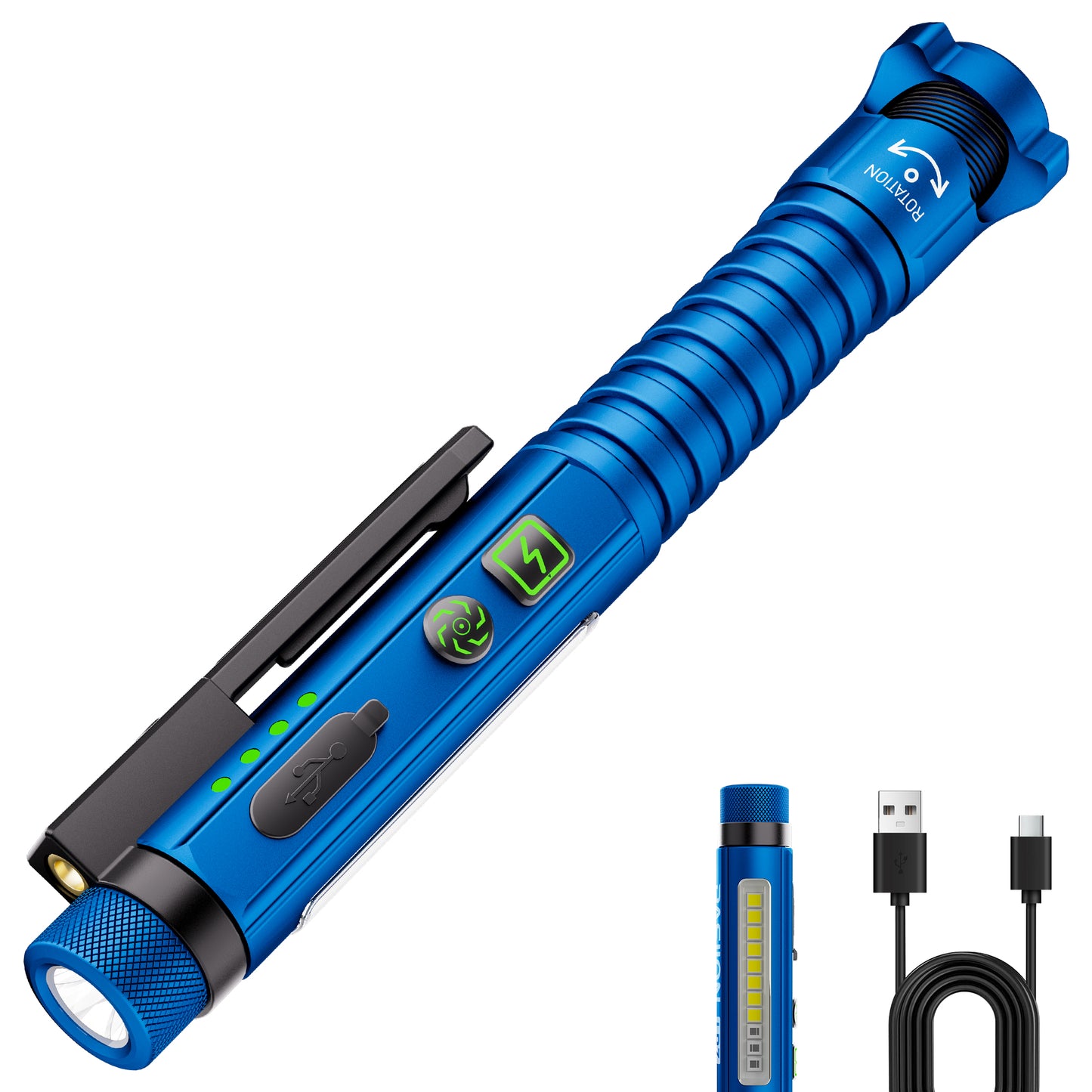 Rechargeable EDC Flashlight with Red Pointer, Side Light, Magnetic Clip & Base