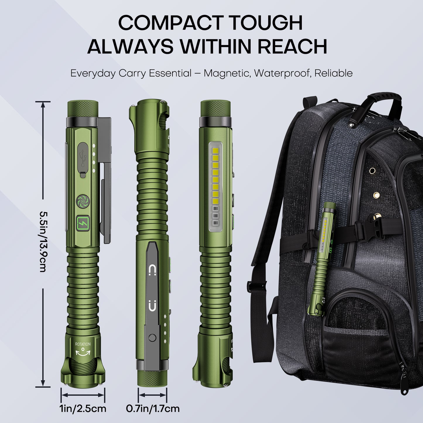 Rechargeable EDC Flashlight with Red Pointer, Side Light, Magnetic Clip & Base