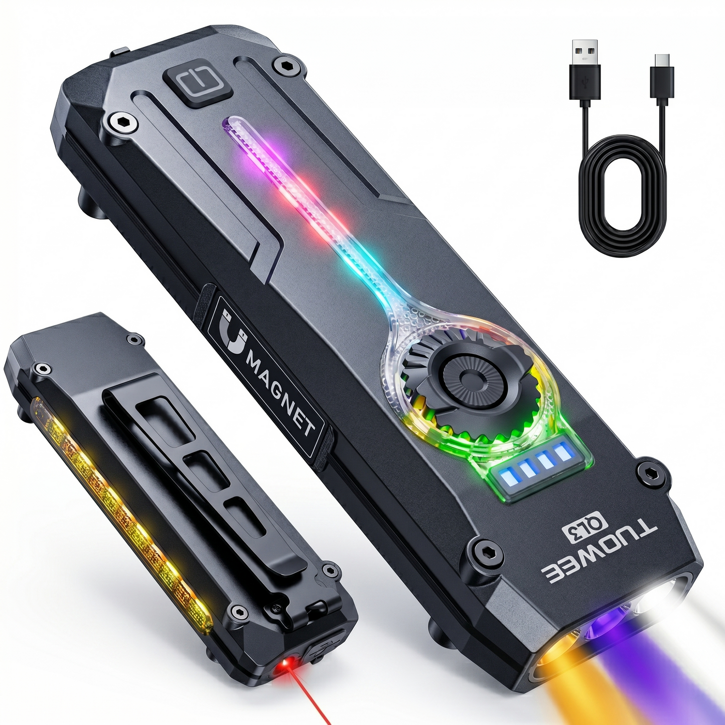 Rechargeable Flat EDC Flashlight with UV Light, RGB & Red Pointer