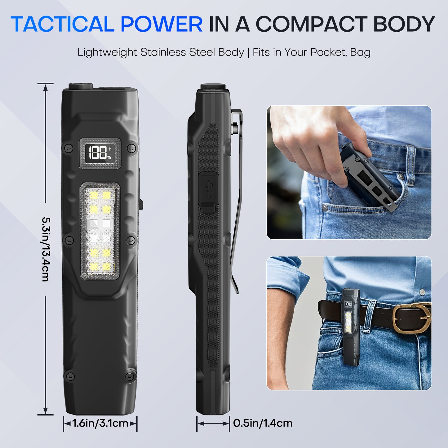 Rechargeable Flat EDC Flashlight with Digital Display, Side Light & Dual Switch Control