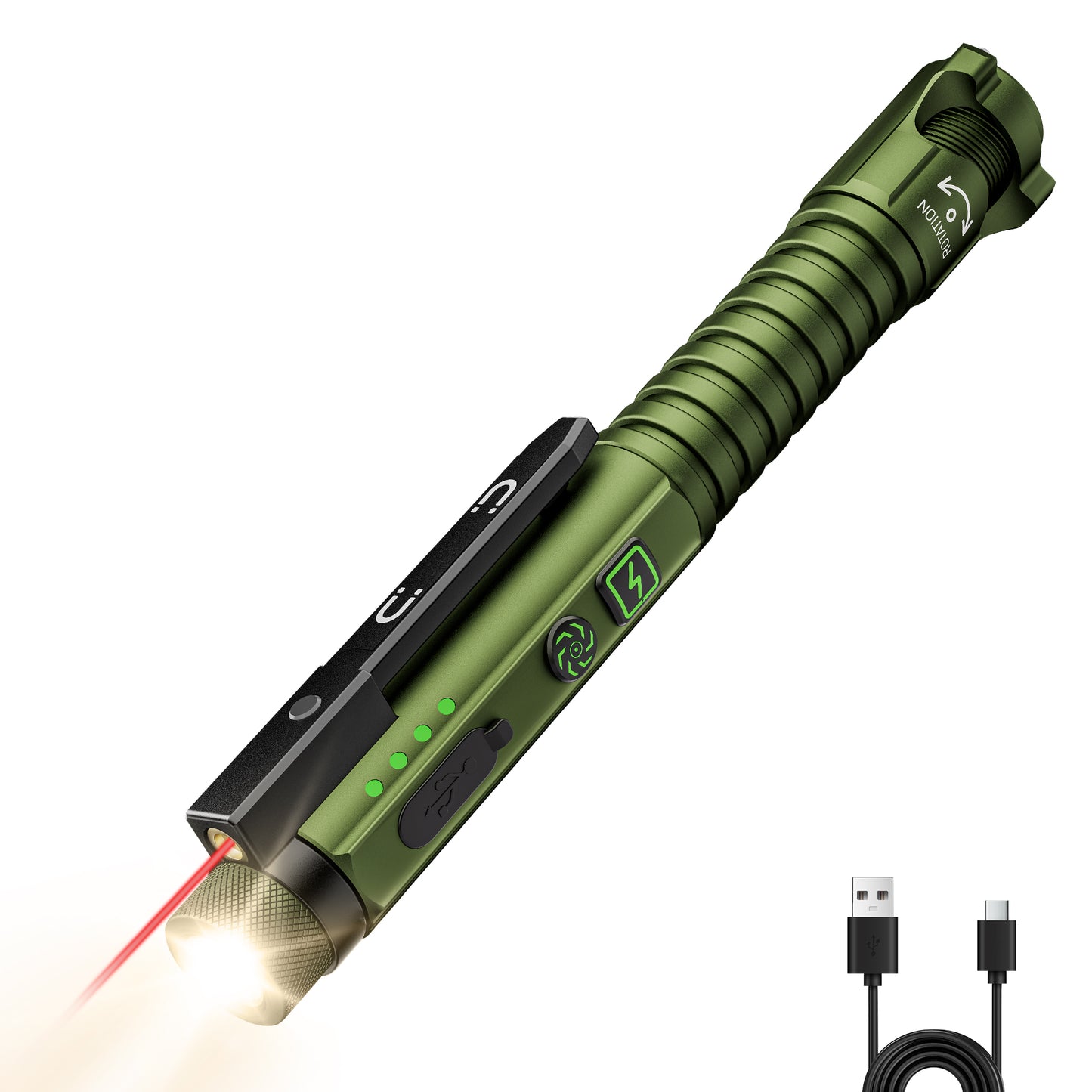 Rechargeable EDC Flashlight with Red Pointer, Side Light, Magnetic Clip & Base