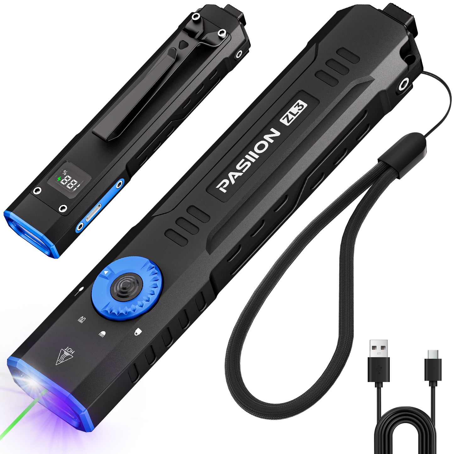 1500 Lumen Rechargeable EDC Flashlight with UV Light, Green Laser & Digital Display