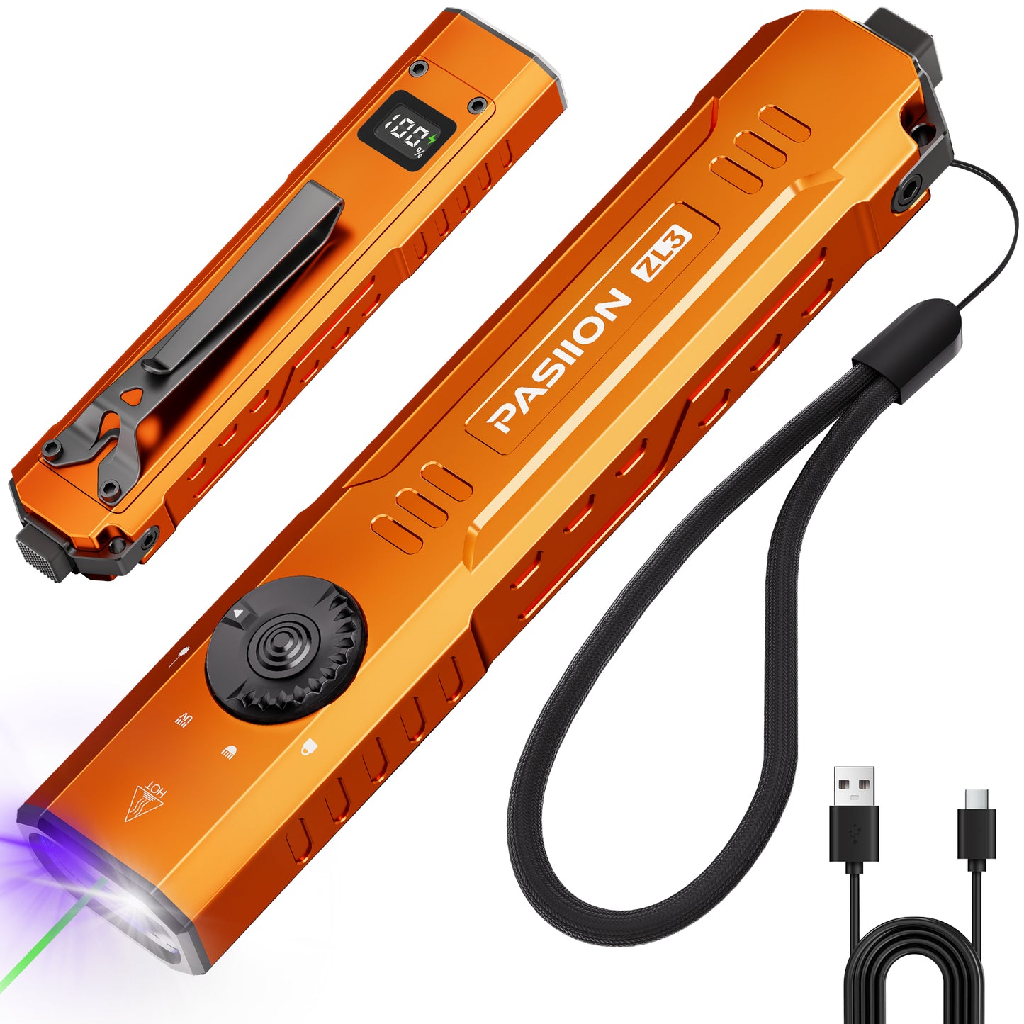 1500 Lumen Rechargeable EDC Flashlight with UV Light, Green Laser & Digital Display