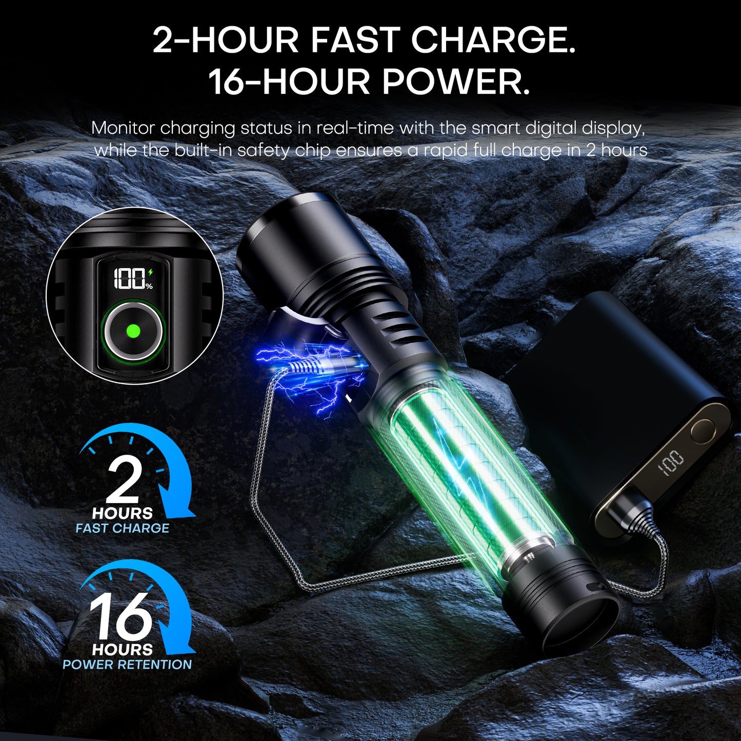 High-Lumen Rechargeable Zoomable LED Flashlight with LCD Display & Dual Power Options