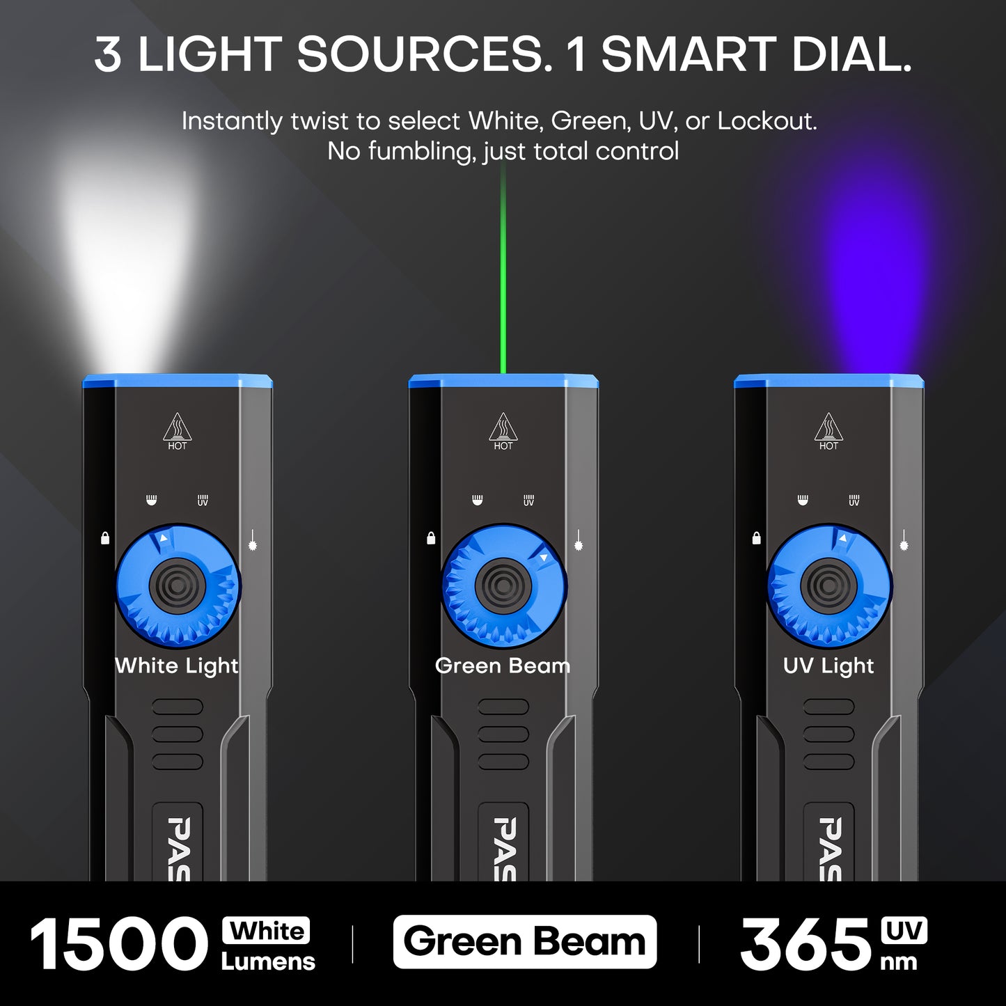 1500 Lumen Rechargeable EDC Flashlight with UV Light, Green Laser & Digital Display