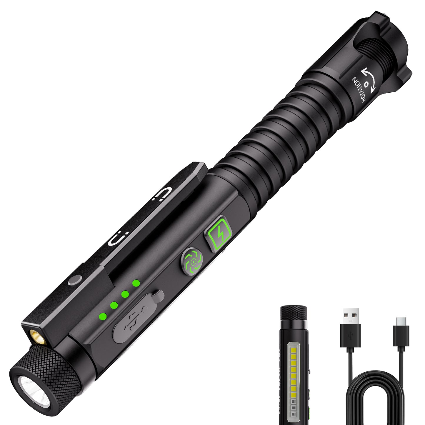 Rechargeable EDC Flashlight with Red Pointer, Side Light, Magnetic Clip & Base