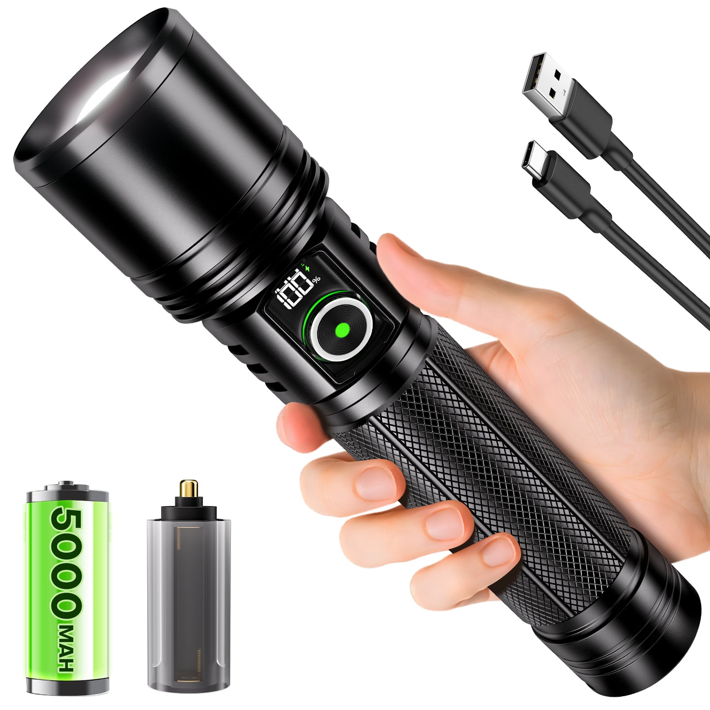 High-Lumen Rechargeable Zoomable LED Flashlight with LCD Display & Dual Power Options